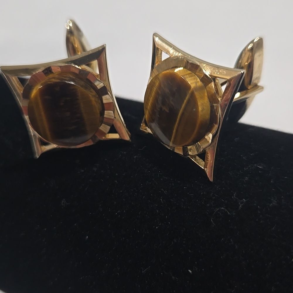 Cufflinks With Natural Tigers Eye Stone - Picture 2 of 7